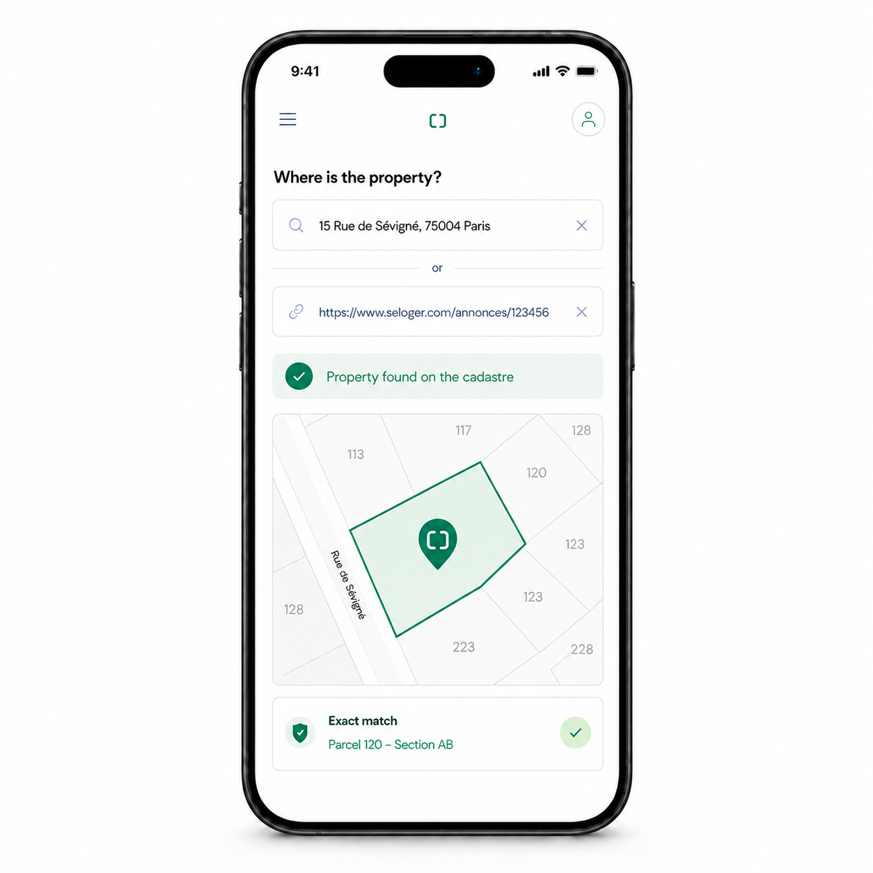 Phone showing address entry and cadastre match for a French property