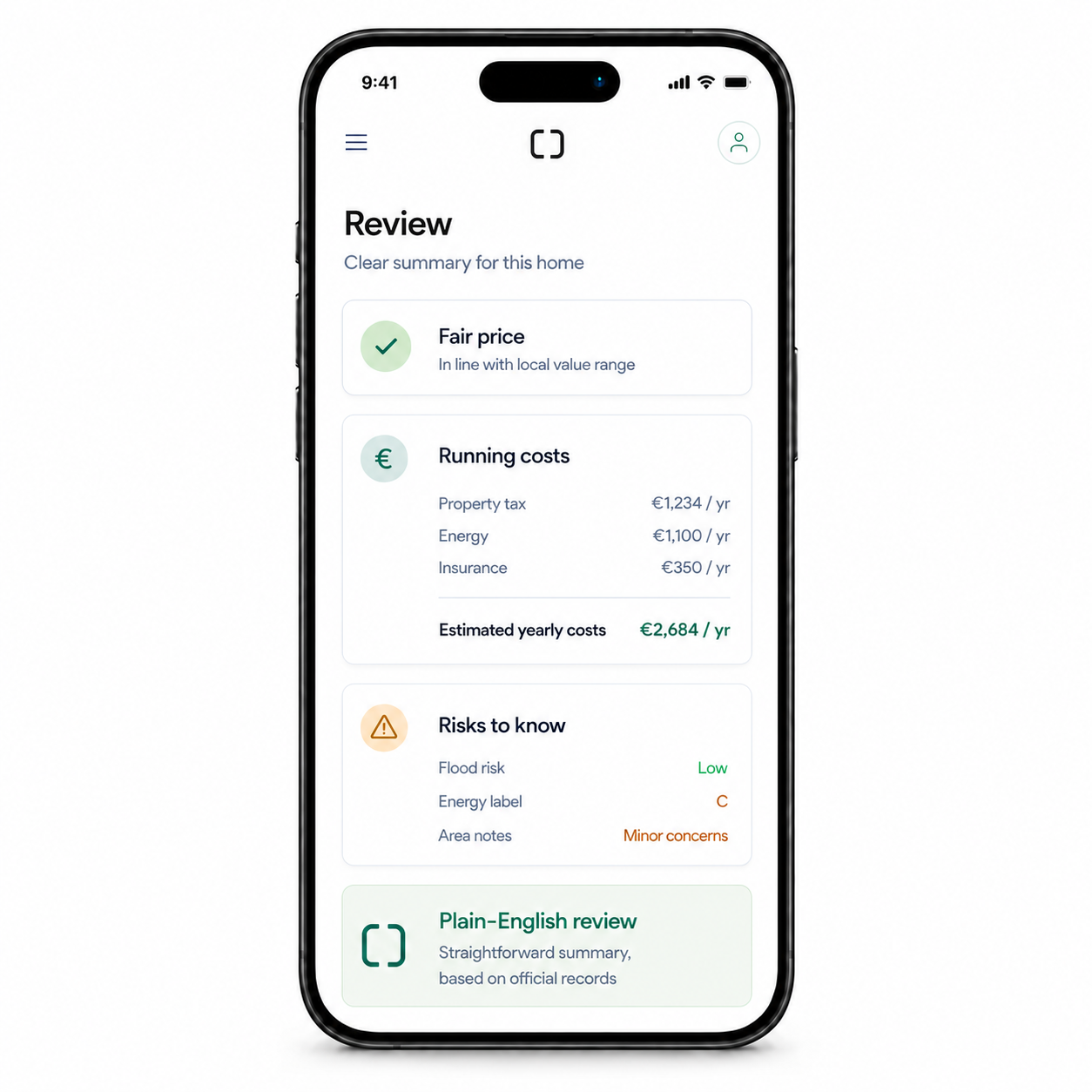 Phone showing a plain-English review with fair price, running costs and risks