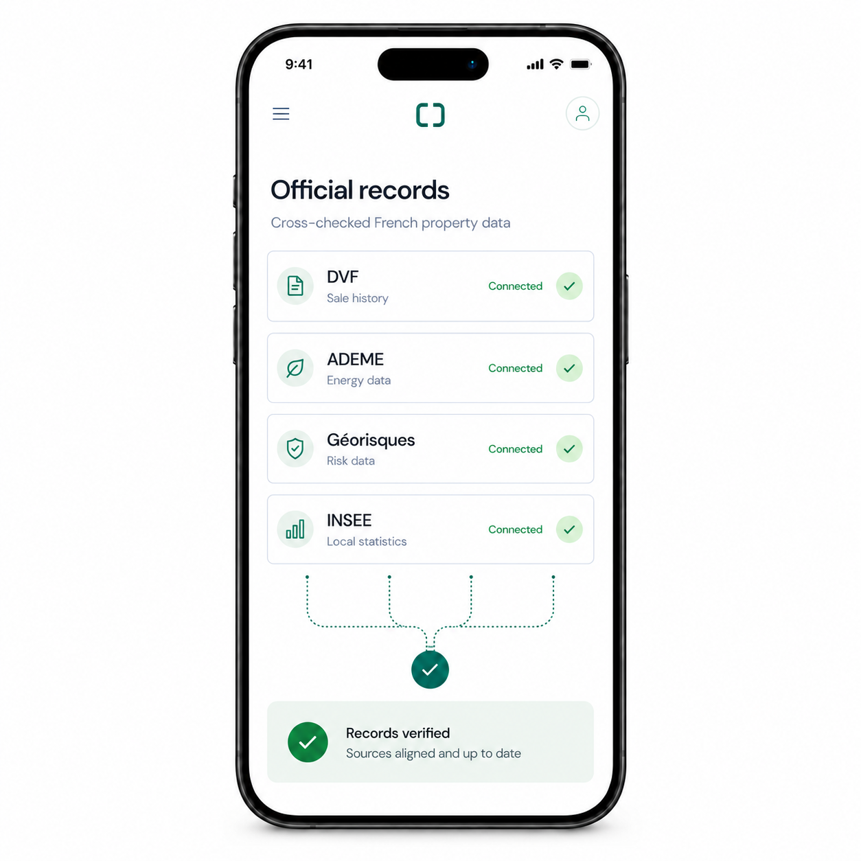 Phone showing official French data sources connected and verified
