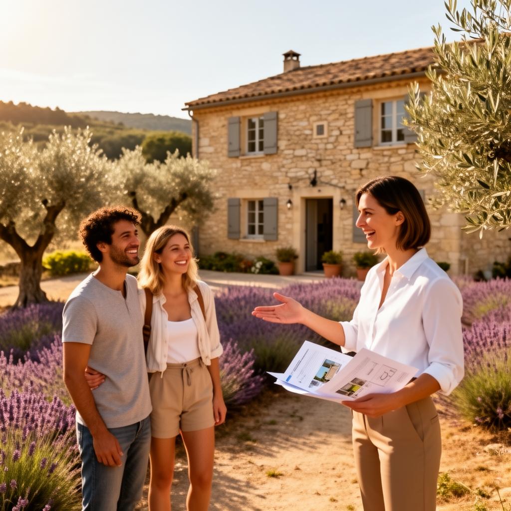 Real estate agent showing a stone farmhouse to international buyers in Provence
