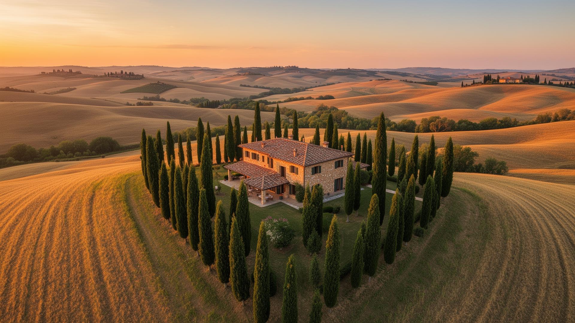 Tuscan villa surrounded by cypress trees at sunset